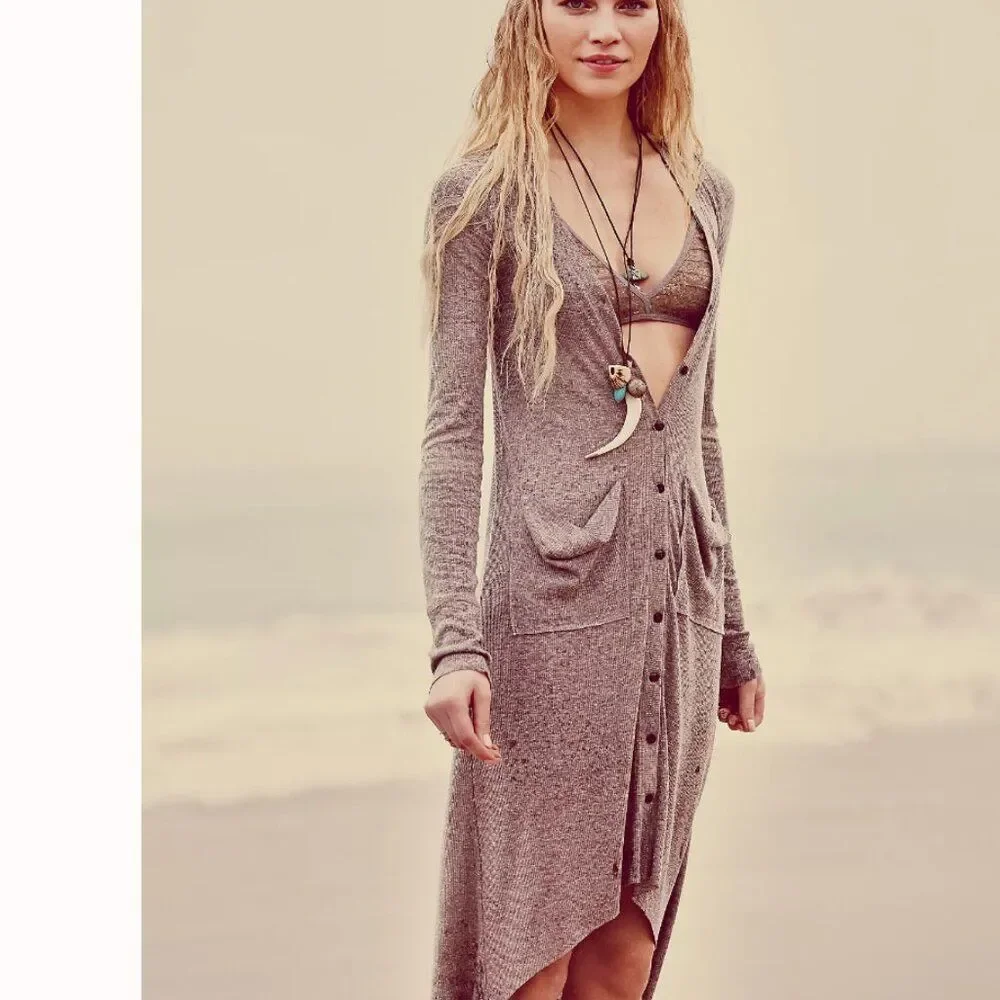 Free People Beach Ribbed Up Maxi Cardigan in Peach Size Medium